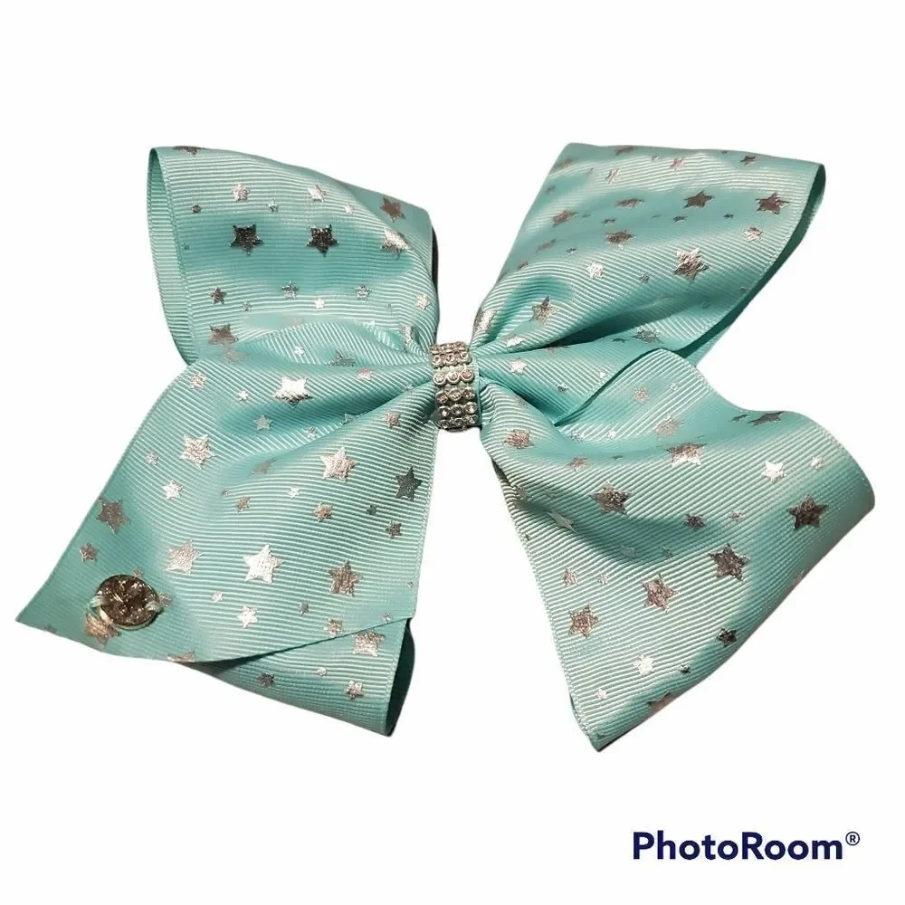 GIRLS Light Teal and Silver Stars Hair Bow